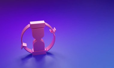 Mor-mavi arka planda izole edilmiş kum ikonu akan eski pembe kum saati. Kum saati işareti. İş ve zaman yönetimi kavramı. Minimalizm kavramı. 3 Boyutlu resimleme.
