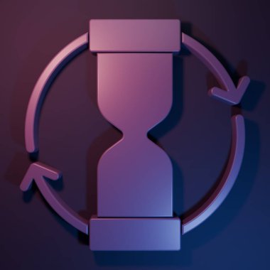 Mor mavi arka planda izole edilmiş kum ikonu akan mor kum saati. Kum saati işareti. İş ve zaman yönetimi kavramı. Minimalizm kavramı. 3 Boyutlu resimleme.