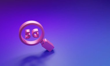 Pink Search 5G new wireless internet wifi connection icon isolated on purple-blue background. Global network high speed connection data rate technology. Minimalism concept. 3D render illustration.