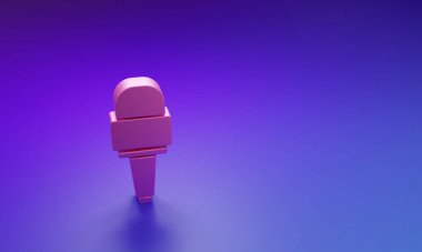 Mor-mavi arkaplanda izole edilmiş pembe mikrofon simgesi. Radyodaki mikrofondan. Sözcü işareti. Minimalizm kavramı. 3 Boyutlu resimleme.