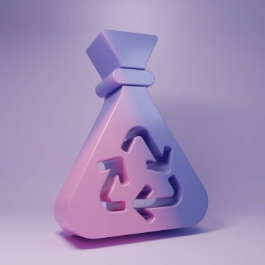 Mor arka planda izole edilmiş geri dönüşüm sembollü mor çöp torbası. Çöp kutusu simgesi. Geri dönüşüm sepeti işareti. Minimalizm kavramı. 3 Boyutlu resimleme.