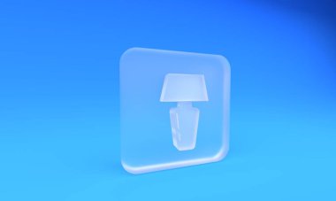 Mavi arkaplanda izole edilmiş buzlu cam masa lambası ikonu. Masa lambası. Kare buzlu cam düğme. 3 Boyutlu resimleme.