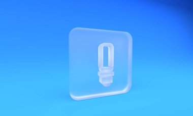 Frosted glass LED light bulb icon isolated on blue background. Economical LED illuminated lightbulb. Save energy lamp. Square frosted glass button. 3D render illustration.