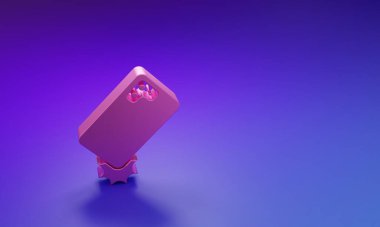 Mor-mavi arka planda izole edilmiş pembe şok geçirmez cep telefonu simgesi. Minimalizm kavramı. 3 Boyutlu resimleme.