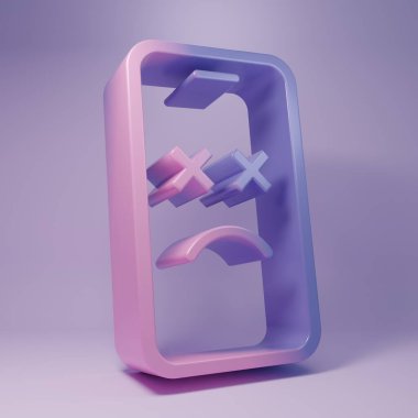 Mor Ölü mobil simgesi mor arkaplanda izole edildi. Ölen dijital cihaz emojisi sembolü. Ceset akıllı telefonu yüz duygusunu gösteriyor. Minimalizm kavramı. 3 Boyutlu resimleme.