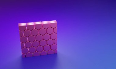 Mor-mavi arkaplanda izole edilmiş pembe bal peteği simgesi. Bal hücrelerinin sembolü. Tatlı doğal yemek. Minimalizm kavramı. 3 Boyutlu resimleme.