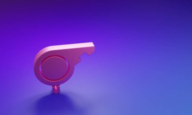 Pembe Düdük simgesi mor-mavi arkaplanda izole edilmiş. Hakem sembolü. Spor ve spor burcu. Minimalizm kavramı. 3 Boyutlu resimleme.