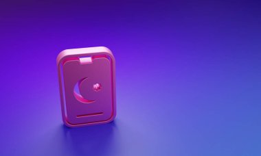 Pembe Yıldız ve Hilal. Mor-mavi arka planda izole edilmiş İslam ikonunun sembolü. Din sembolü. Minimalizm kavramı. 3 Boyutlu resimleme.