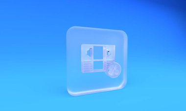 Frosted glass Money percent icon isolated on blue background. Percent loyalty wallet sign. Square frosted glass button. 3D render illustration.