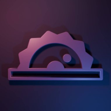 Mor-mavi arka planda izole edilmiş çelik dişli disk ikonu olan mor elektrikli testere. Tahta ya da metal kesmek için elektrikli el aleti. Minimalizm kavramı. 3 Boyutlu resimleme.