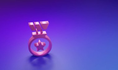 Pink Medal with star icon isolated on purple-blue background. Winner achievement sign. Award medal. Minimalism concept. 3D render illustration.
