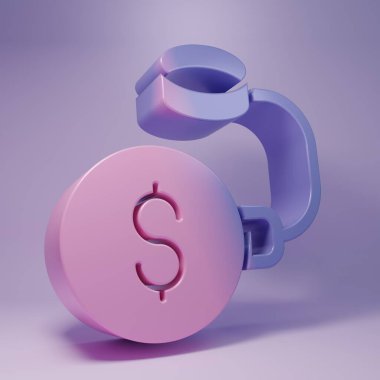 Mor borç topu, mor arka planda izole edilmiş dolar madeni para ikonuna zincirlenmiş. Zincirler ve parayla yüklü bir borç yükü. Mali suç, ücret, kriz. Minimalizm kavramı. 3 Boyutlu resimleme.