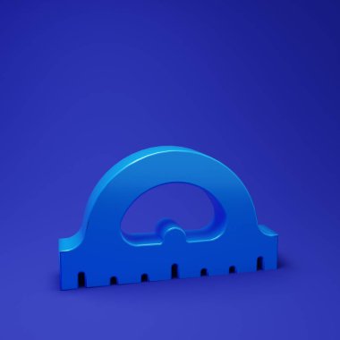 Mavi arka planda izole edilmiş derece simgesini ölçmek için mavi açılı ızgara. Eğim ölçer. Ölçme aleti. Geometrik sembol. Minimalizm kavramı. 3 Boyutlu resimleme.