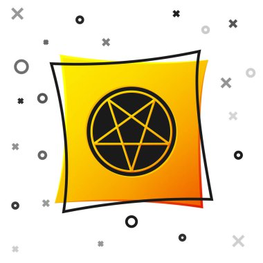 Beyaz arkaplanda izole edilmiş bir daire simgesinde siyah pentagram. Sihirli okült yıldız sembolü. Sarı kare düğme. Vektör İllüstrasyonu.