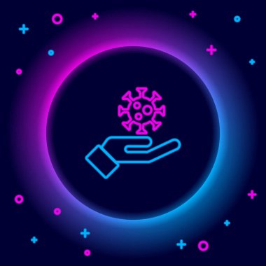 Siyah arka planda virüsün simgesi olan parlak neon çizgili El. Corona virüsü 2019-nCoV. Bakteri ve mikroplar, hücre kanseri, mikrop, mantar. Renkli taslak konsepti. Vektör.