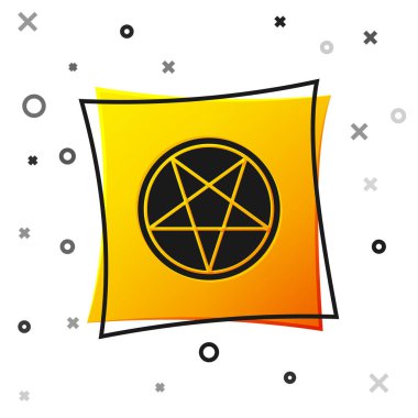 Beyaz arkaplanda izole edilmiş bir daire simgesinde siyah pentagram. Sihirli okült yıldız sembolü. Sarı kare düğme. Vektör İllüstrasyonu.