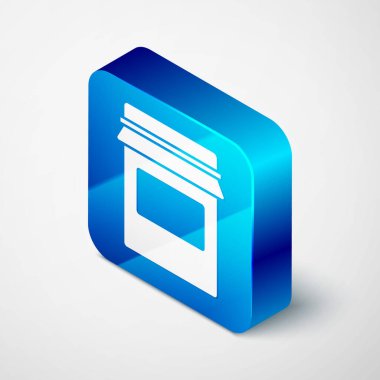 Gri arkaplanda Isometric Jam kavanozu simgesi izole edildi. Mavi kare düğme. Vektör.