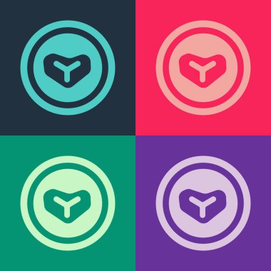 Renkli arka planda izole edilmiş bir tabak ikonundaki Pop Art Biftek eti. Çatal bıçak sembolü. Restoran tabelası. Vektör.