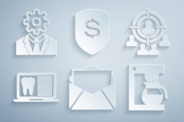 Posta ve e-posta pazarlama hedef dizüstü bilgisayarı diş kartı kahve makinesi kalkanı ve başlık teçhizatı ikon içinde. Vektör.