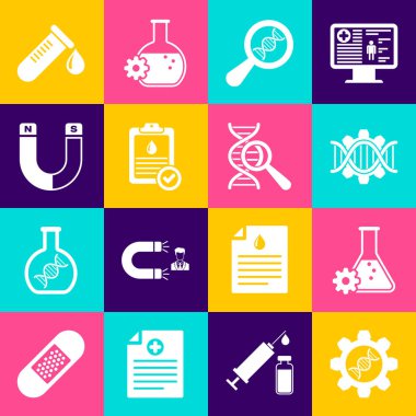 Genetik mühendisliği DNA araştırma panosunu kan testi ve mıknatıs ikonu ile birlikte ayarla. Vektör.