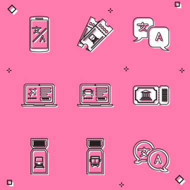 Çevrimiçi çevirmen tren bilet çevirmeni Laptop ile otomobil paylaşım müzesi ve otobüs simgesini ayarla. Vektör.