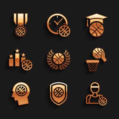 Basketbol oyuncusunda basketbol kalkanı ve spor podyumu antrenmanı ve madalya ikonu Düşünceleri ile ödül belirlendi. Vektör.