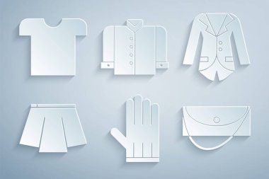 Deri eldiven Blazer ya da ceket debriyaj çanta tişörtü ve ikonu hazırla. Vektör.