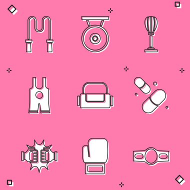 Zıplama ipi Gong kum torbası güreş atleti spor vitamin hapı boks eldiveni ve boks ikonu hazırla. Vektör.