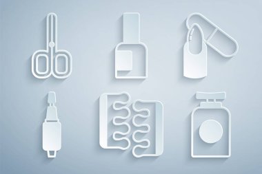 Ayak parmağı ayırıcısını pedikür tırnağı dosyası için ayarla. El kremi şişesi tırnak cilası ve makas ikonu. Vektör.