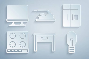 Mobilya komodini soğutucu gaz sobası ampul elektrik ütüsünü ve akıllı televizyon ikonunu ayarla. Vektör.