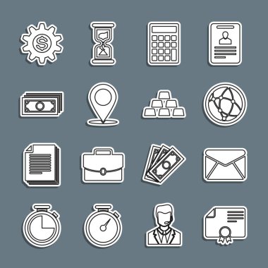 Satır Sertifikası şablonu Envelope Sosyal Ağ Hesaplayıcı Harita broşu kağıt para destesi Gear dolar sembolü ve altın külçeler simgesi ile ayarlayın. Vektör.