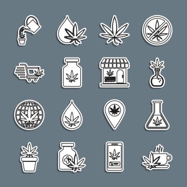 Marihuana test tübü marihuana ya da kenevir yaprağından yapılmış tıbbi şişe alışveriş arabası sulandırma ve mağaza ikonu ile çay hazırla. Vektör.