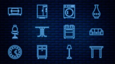 Tahta ahşap masa kanepe, yuvarlak ofis koltuğu TV sehpası, fırın ve duş kabini ikonu. Vektör.