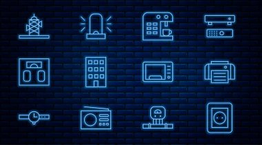 Elektrik prizi yazıcı kahve makinesi House Banyo Anten Mikrodalga fırını ve Flasher siren ikonunu ölçeklendiriyor. Vektör.