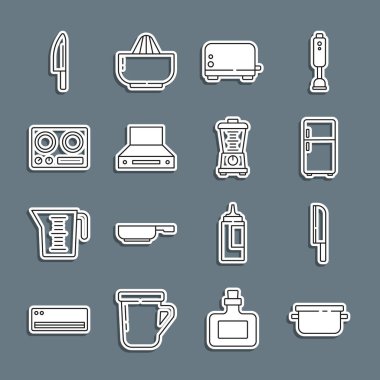 Yemek pişirme kabı soğutucusu tost makinesi sökücü fanı, gaz sobası ve mikser ikonu ayarlayın. Vektör.