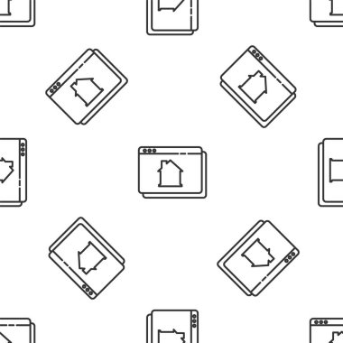 Tarayıcı simgesindeki Gri Hat Çevrimiçi emlak evi beyaz arkaplandaki kusursuz deseni izole etti. Ev kredisi konsepti, kira, satın alma, mülk alma. Vektör.