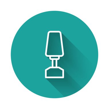 Manikür ikonu için beyaz çizgi Milling kesicisi uzun gölge arkaplanı ile izole edilmiş. Manikür için bir cihaz. Manikür aletleri. Yeşil daire düğmesi. Vektör.