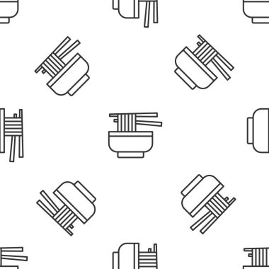 Erişte ikonlu gri çizgi Ramen çorba kasesi beyaz arka planda izole edilmiş kusursuz desen. Bir kase geleneksel Asya erişte çorbası. Vektör.