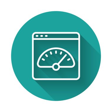 Beyaz çizgi dijital hız göstergesi simgesi uzun gölge arkaplanı ile izole edildi. Küresel ağ yüksek hızlı bağlantı veri oranı teknolojisi. Yeşil daire düğmesi. Vektör.