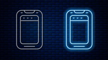 Parlayan neon hattı, akıllı telefon, cep telefonu simgesi tuğla duvar arkasında izole edilmiş. Vektör.