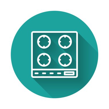 Beyaz çizgi gaz soba ikonu uzun gölge arkaplan izole. Mutfak tabelaları. Dört daire ocağı olan hob. Yeşil daire düğmesi. vektör.