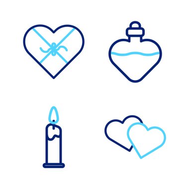 Aşk iksiriyle yanan bir mum şişesi ve kalp şeklinde bir kutu ikonu ayarla. Vektör.