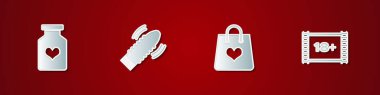 Set Bottle with pills for potency, Dildo vibrator sex games, Shopping bag heart and Play Video 18 plus icon. Vector.