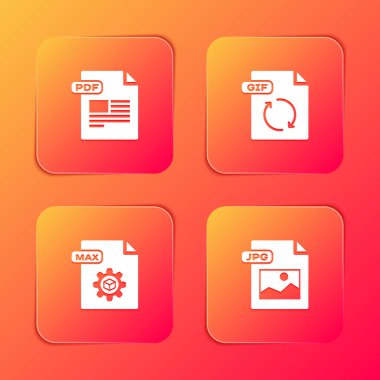 PDF dosya belgesi, GIF, MAX ve JPG simgesini ayarla. Vektör.
