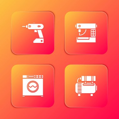 Elektrik kablosuz tornavida, dikiş makinesi, çamaşır makinesi ve hava kompresör simgesini ayarla. Vektör.