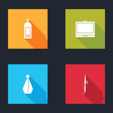 Şampuan, aynalı makyaj tozu, parfüm ve saç maşası. Vektör.