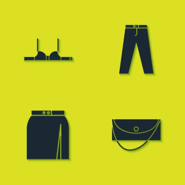 Sutyen, debriyaj çantası, etek ve pantolon ikonu. Vektör.