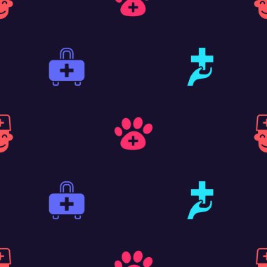 Haç, ilk yardım seti, veteriner kliniği ve erkek doktoru sorunsuz bir şekilde yerleştirin. Vektör.