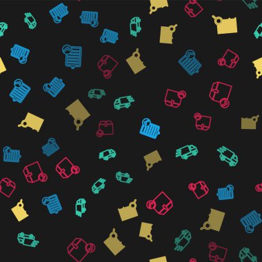 Dağıtım listesinin doğrulanması, teslimat kamyonu hareket halinde arama barkodu ve işaretli paket kutusu. Vektör.