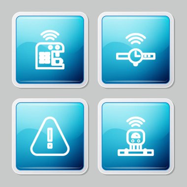 Akıllı kahve makinesi, Smartwatch, ünlem işareti üçgeni ve sensör simgesi ayarla. Vektör.